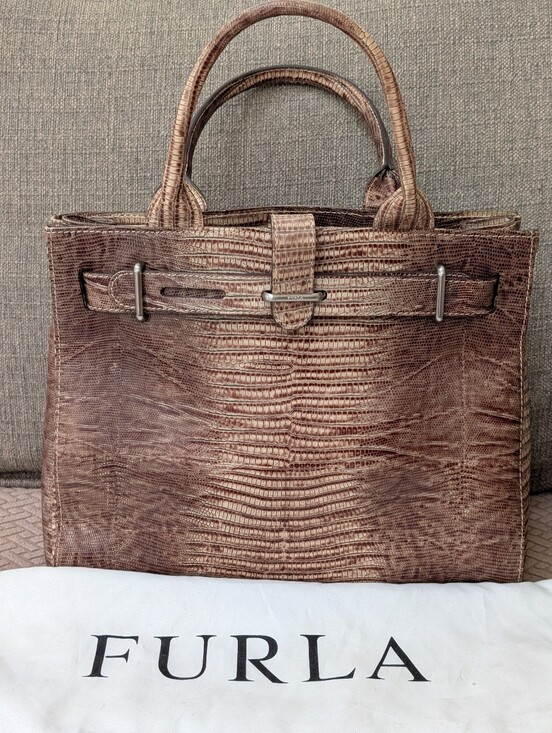 Furla Handbags - Furla Textured Brown Leather Structured Handbag w COA